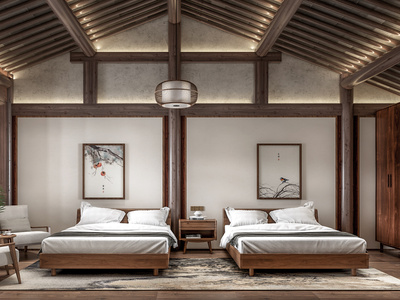 中式酒店客房SU模型下载