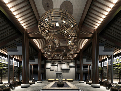 新中式酒店大堂前台SU模型下载