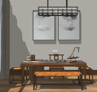 新中式泓点原创设计茶馆SU模型下载