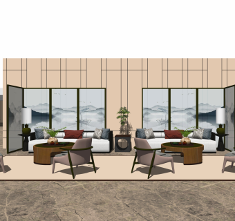 新中式售楼处休息区SU模型下载