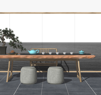 新中式茶桌椅SU模型下载