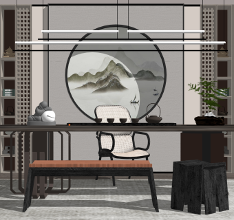 新中式家居茶室SU模型下载