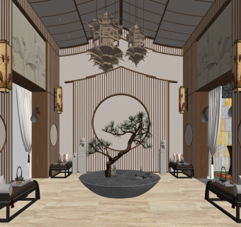 新中式酒店大堂SU模型下载