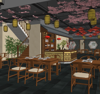 新中式中餐厅SU模型下载