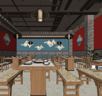 新中式火锅店SU模型下载