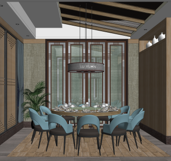 新中式酒店餐厅包房SU模型下载