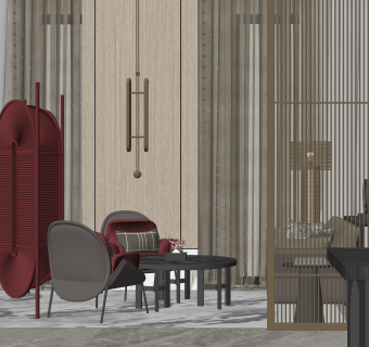 新中式售楼部接待厅SU模型下载