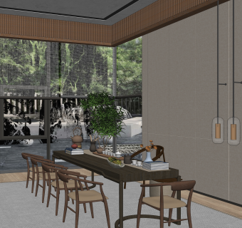 冰川设计新中式售楼处茶室SU模型下载