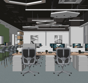 现代开放办公区SU模型下载