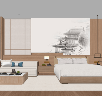 新中式酒店客房SU模型下载