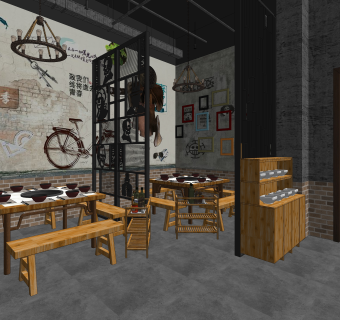 工业风火锅店SU模型下载