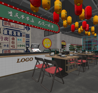 工业风火锅店SU模型下载