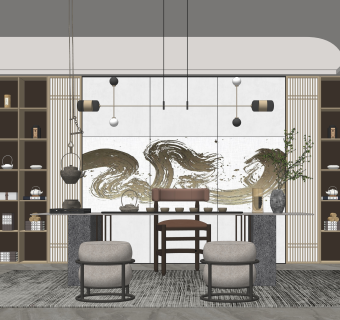 新中式家居茶室SU模型下载