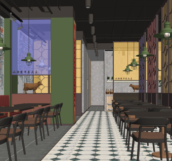 工业风港式火锅店SU模型下载