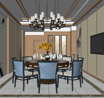 新中式餐厅小包房SU模型下载