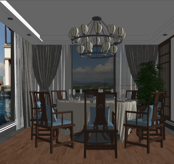 新中式餐厅包厢过道SU模型下载