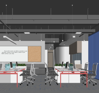 现代开敞办公区SU模型下载