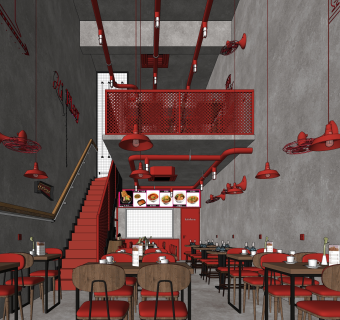 工业风复式火锅店SU模型下载