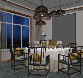 新中式酒店包厢雅间SU模型下载