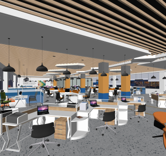 现代开敞办公区SU模型下载