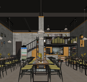 工业风火锅店SU模型下载