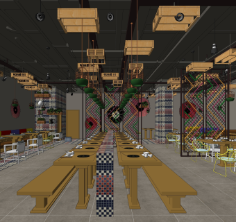 工业风花田煮火锅店SU模型下载