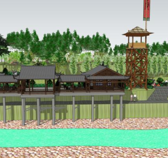 河边双排民宿吊脚楼SU模型SU模型下载