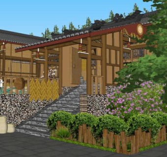 原创民宿建筑SU模型下载