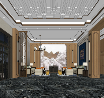 新中式售楼处接待厅空间模型SU模型下载