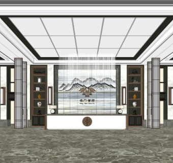 新中式售楼处接待厅空间SU模型下载