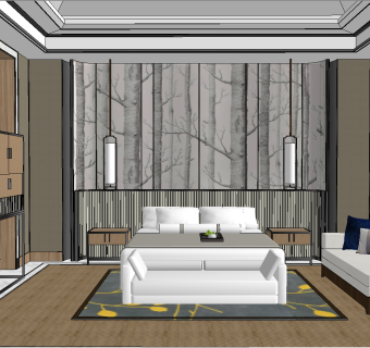 HBA原创现代中式酒店卧室卫生间SU模型下载