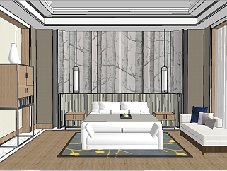 HBA原创现代中式酒店卧室卫生间SU模型下载