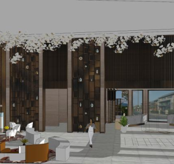 现代中式酒店大堂SU模型下载