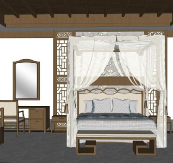 中式酒店客房SU模型下载