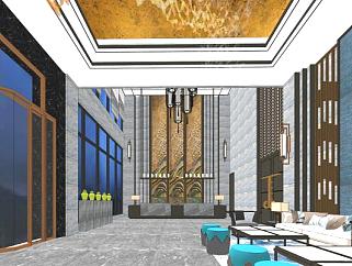 新中式酒店大堂空间SU模型下载