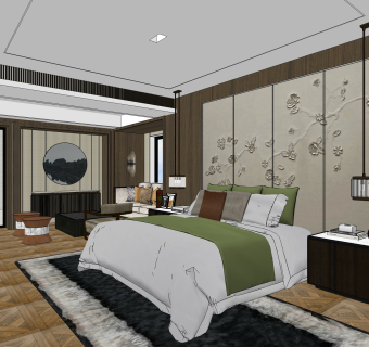 新中式酒店客房SU模型下载