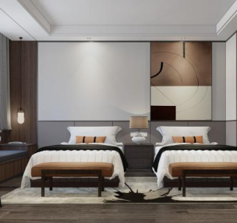 新中式风格酒店客房SU模型下载