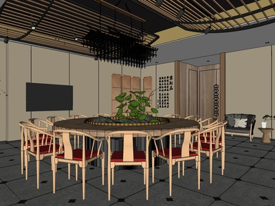 新中式风格包厢SU模型下载