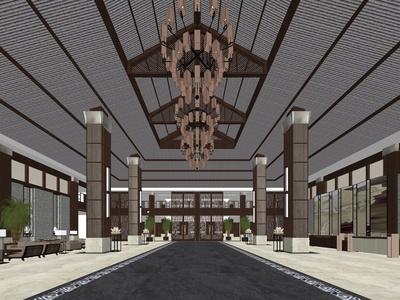 新中式风格酒店大堂SU模型下载