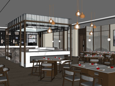 新中式风格酒店餐厅SU模型下载