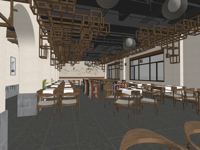 新中式餐厅SU模型下载