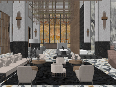 现代酒店接待大堂SU模型下载